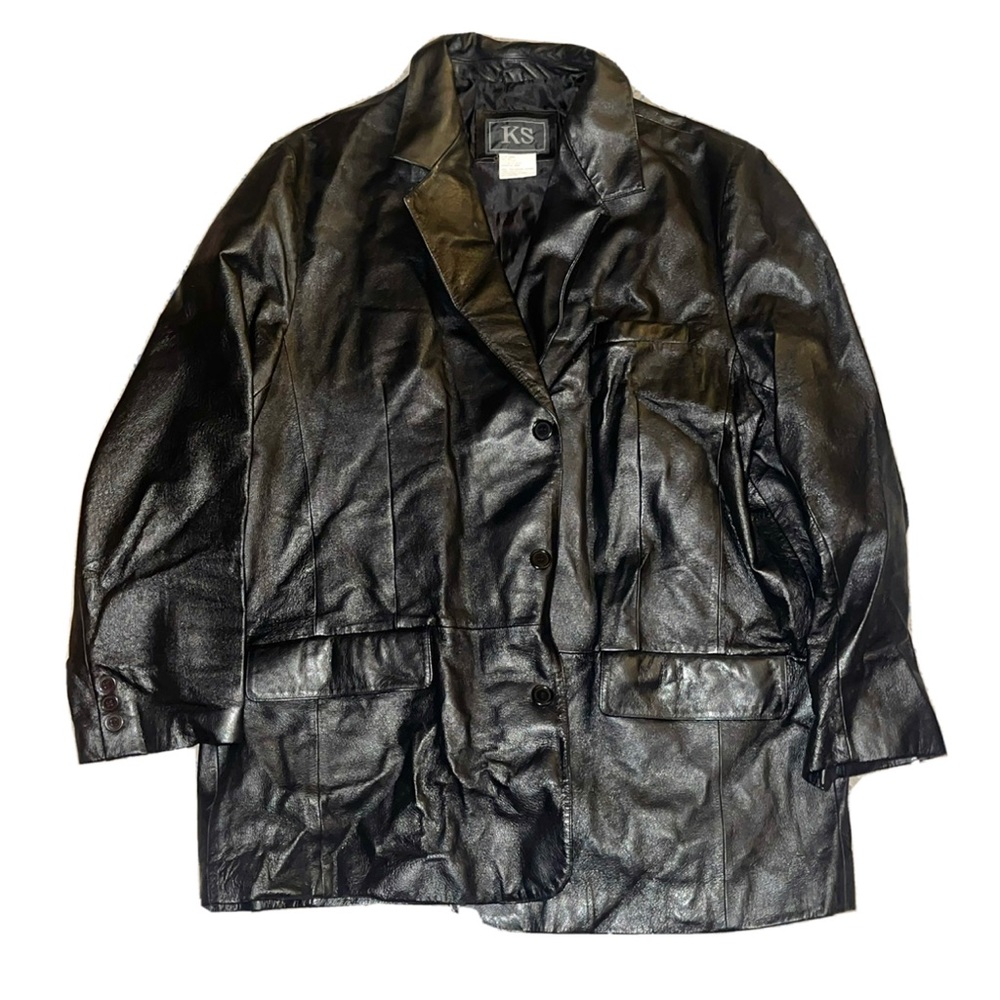 KS Mens 100% Genuine Leather Jacket 2XL Black Button Down Nylon Interior